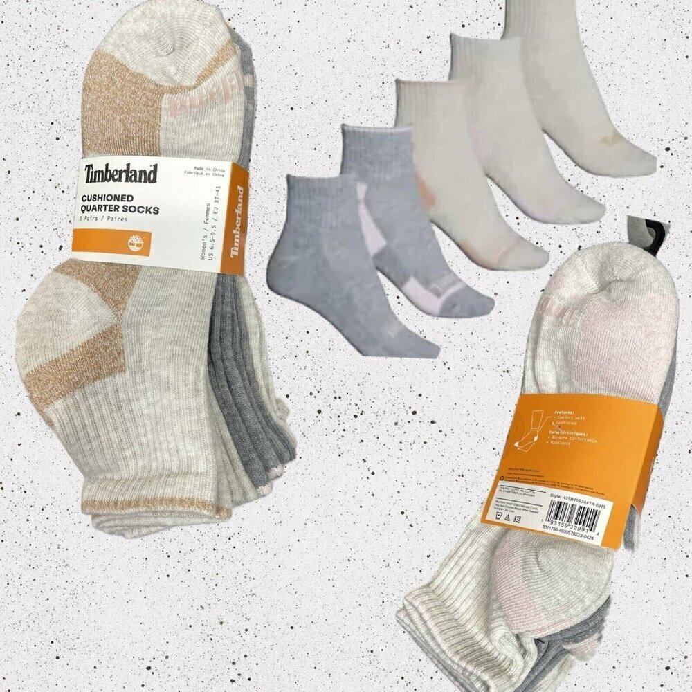 Timberland Neutral Marled Cushioned Footbed Flat Toe Seams Quarter Crew Socks-5